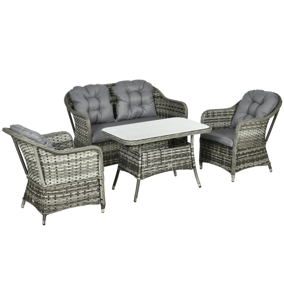 4 PCS Rattan Garden Furniture Padded Conversation Sofa Set w Glass Top Table