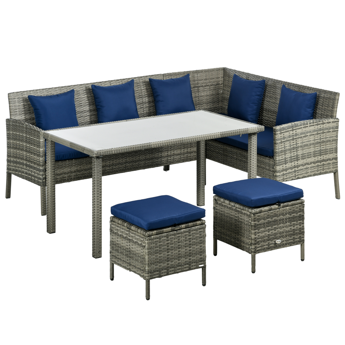 5Pcs Rattan Dining Corner Sofa Set Garden Furniture Set Dark Blue