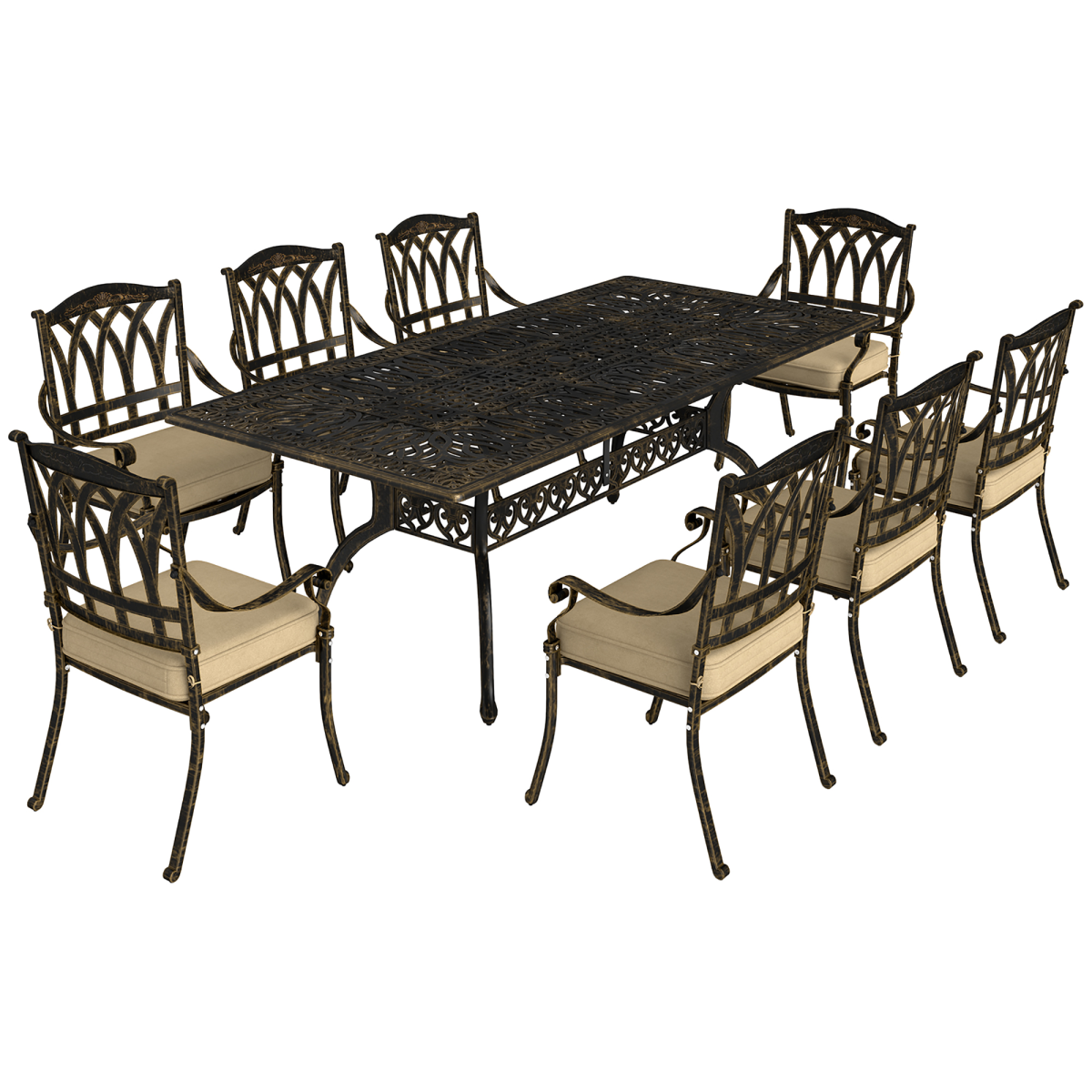 Elegant Nine Piece Dining Set Cushions & Parasol Hole Outdoor Use