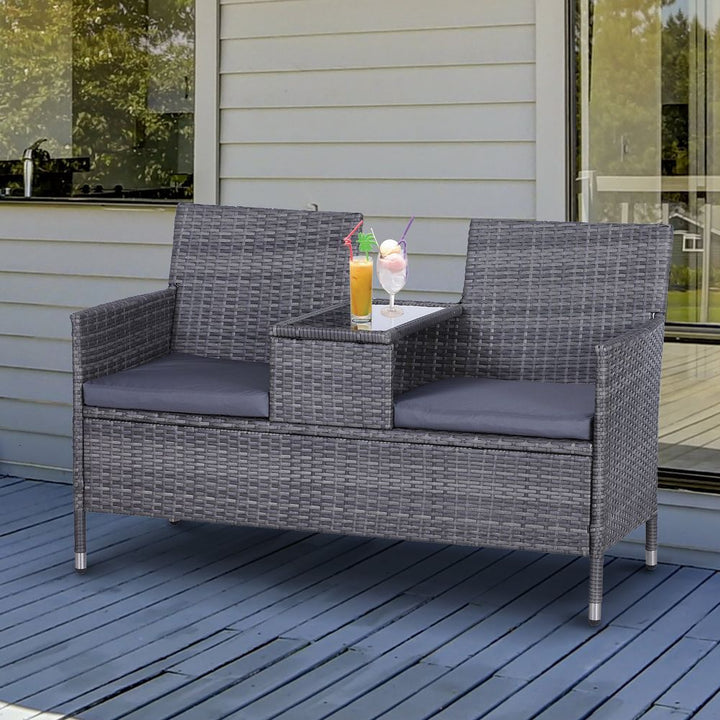 -Seater PE Rattan Outdoor Garden Bench w/ Centre Table