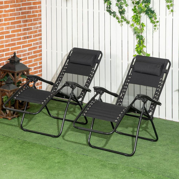 Foldable Garden Recliner Chair Set of w/ Footstool & Headrest, Black