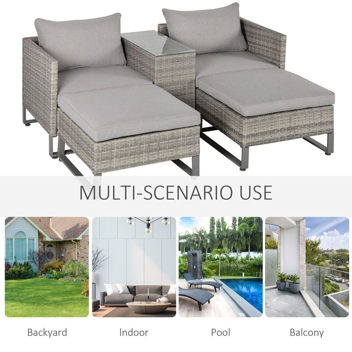  Rattan Sofa Set Lounge Double Sofa Bed & Coffee Table & Footstool Grey