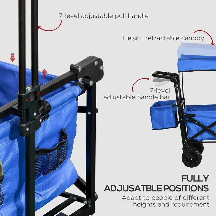 Trolley Cart Storage Wagon Wheels w/ Compartments Handle, Canopy, Blue