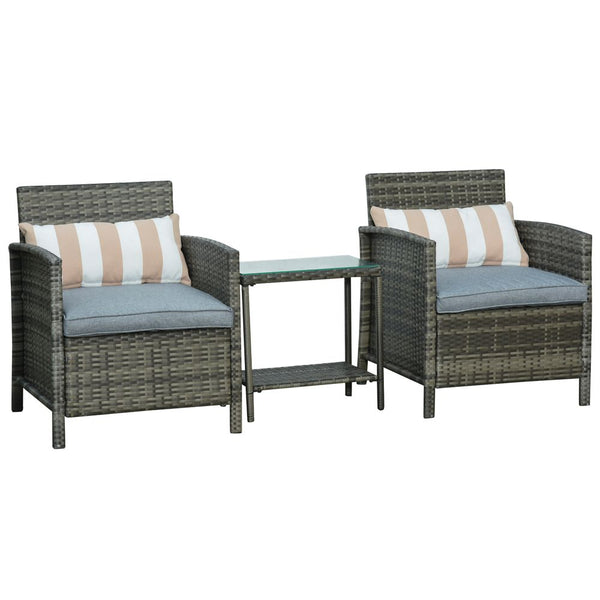 Outsunny -Seater PE Rattan Side Table & Armchair Set w/ Pillows Grey