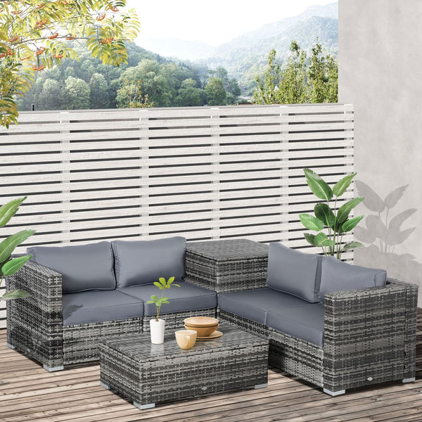 PC Rattan Corner Sofa Set Table w/ Cushion Grey