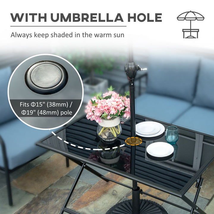 Folding Outdoor Table for , Rectangle Glass Top with Parasol Hole 