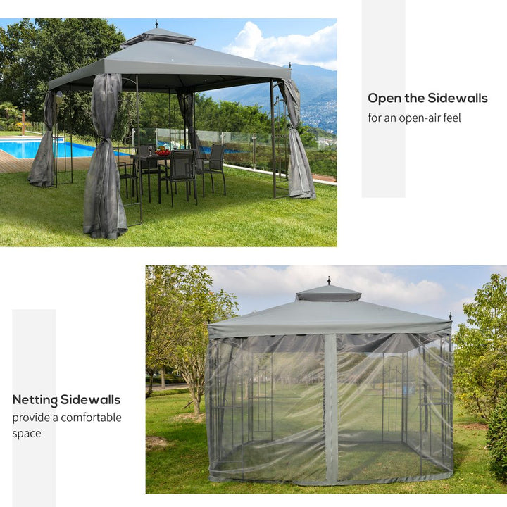  x (m) Garden Gazebo Double Top Gazebo Canopy w/ Curtains Grey Outsunny