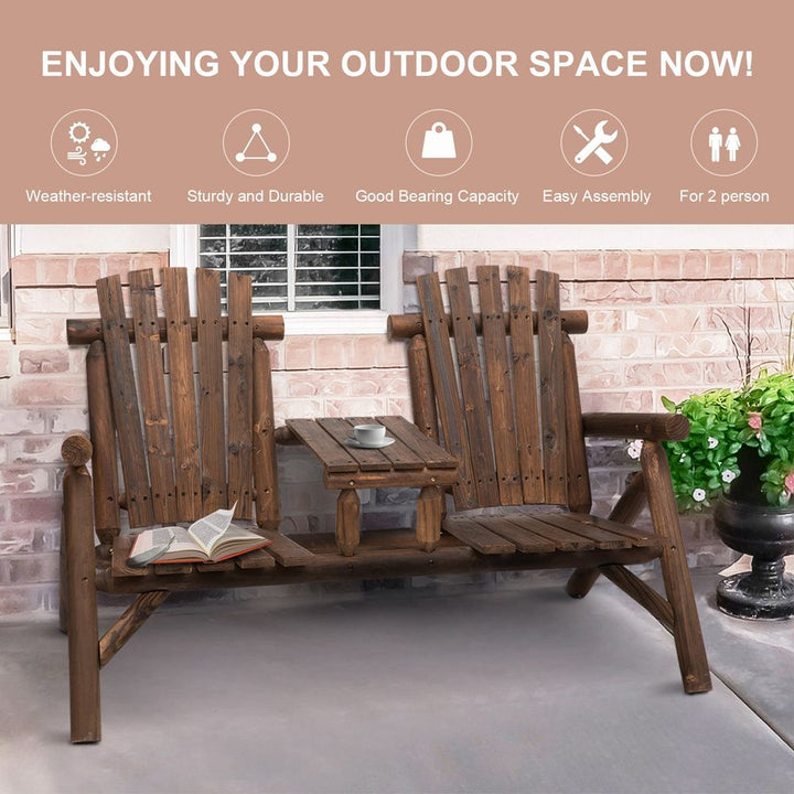 Wood Patio Chair Bench Seats with Center Coffee Table, Garden Bench