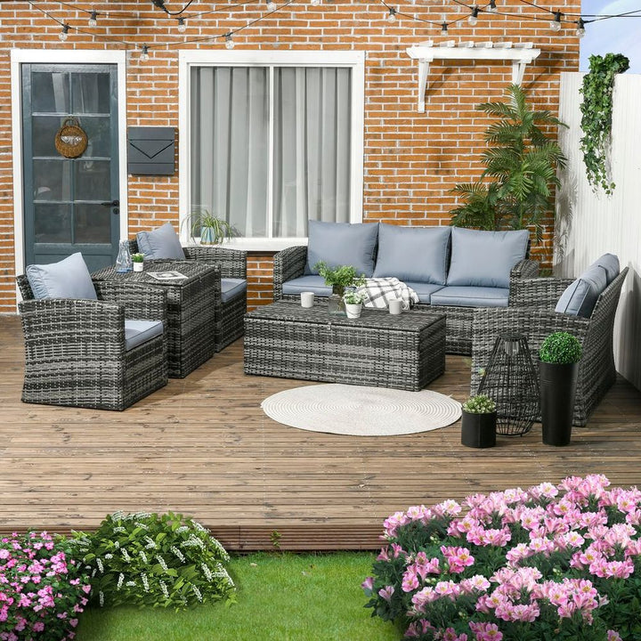 Outsunny Patio Rattan Sofa Set Conversation Furniture with Storage Grey