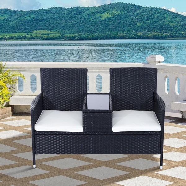 -Seater PE Rattan Outdoor Garden Bench w/ Centre Table