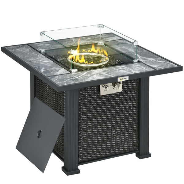 Outsunny Gas Fire Pit Table w/ Rain Cover, Windscreen & Glass Stone, , BTU