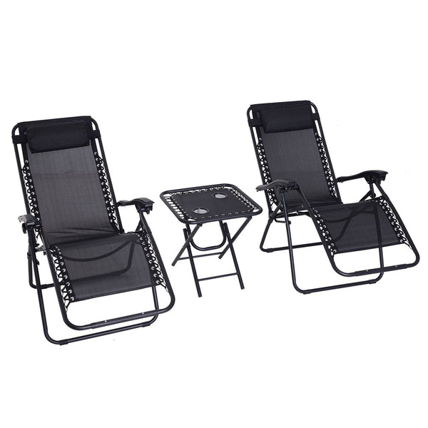 PC Zero Gravity Chairs Sun Lounger Table Set w/ Cup Holders, Black Outsunny