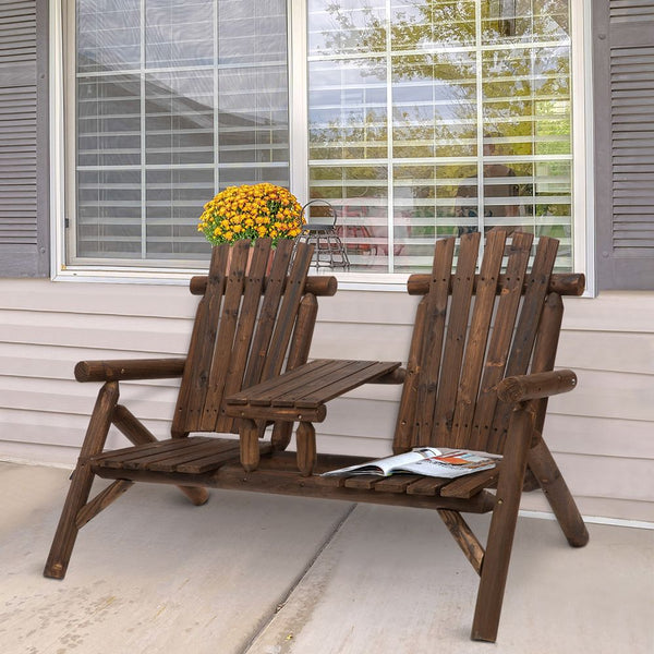 Wood Patio Chair Bench Seats with Center Coffee Table, Garden Bench