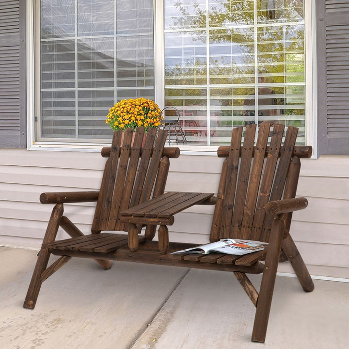 Wood Patio Chair Bench Seats with Center Coffee Table, Garden Bench
