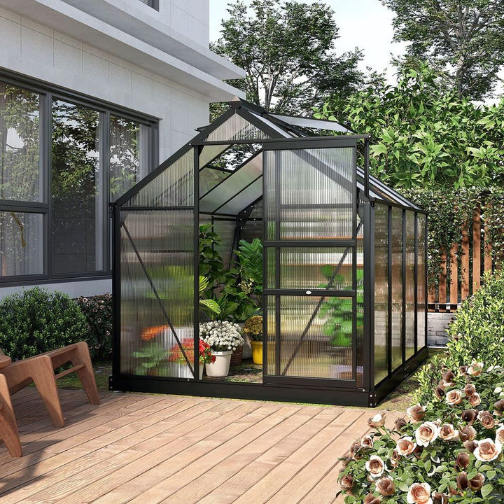 Polycarbonate Walk-In Garden Greenhouse Aluminium Frame w/ Slide Door x ft