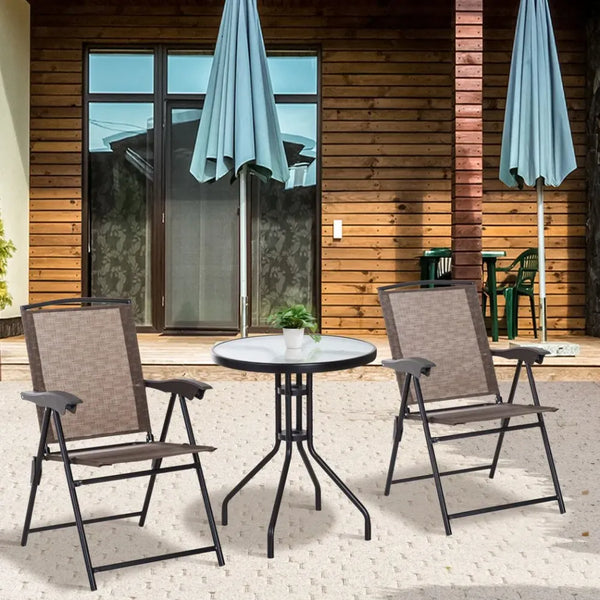  Patio Furniture Bistro Set with Folding Chairs Tempered Glass Table Brown