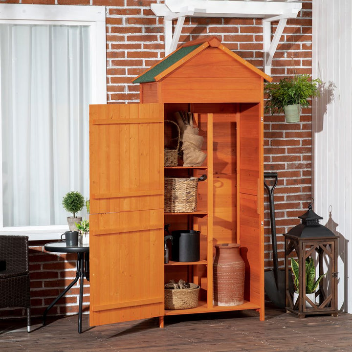Wooden Garden Shed Outdoor Shelves Utility Tool Storage Cabinet Teak Outsunny