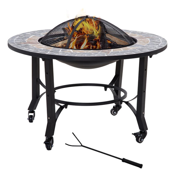 -in- Outdoor Fire Pit Bowl on Wheels, Patio Heater & Cooking BBQ Grill,osaic