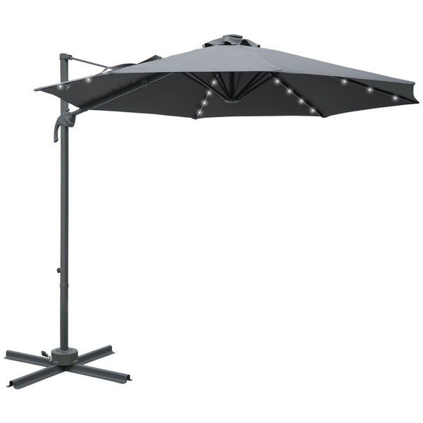 (m) Cantilever Parasol Patio Umbrella w/ Crank Solar Lights Dark Grey
