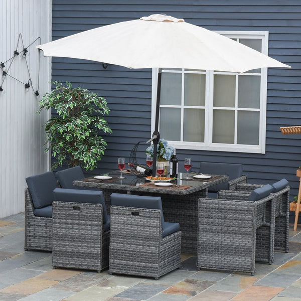  Rattan Dining Table Chair Set -seater Cube Sofa & Umbrella Table Grey