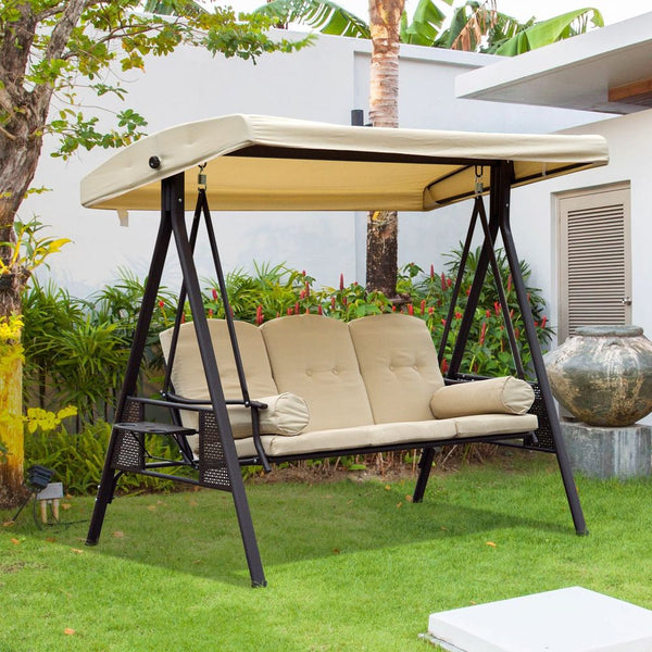 Steel Swing Chair Hammock Garden Seater Canopy Cushion Shelter Beige