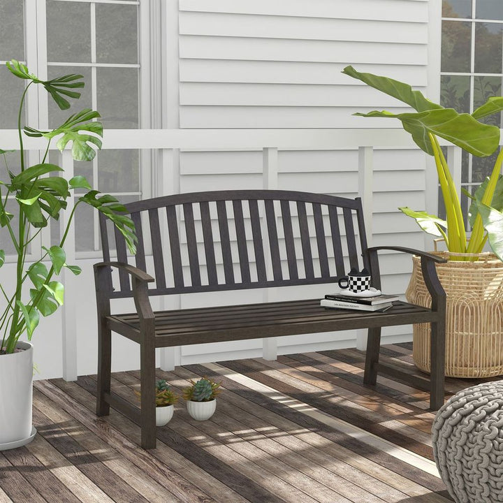 Outsunny Garden Bench with Slatted Seat and Backrest, Curved Armrest, Brown