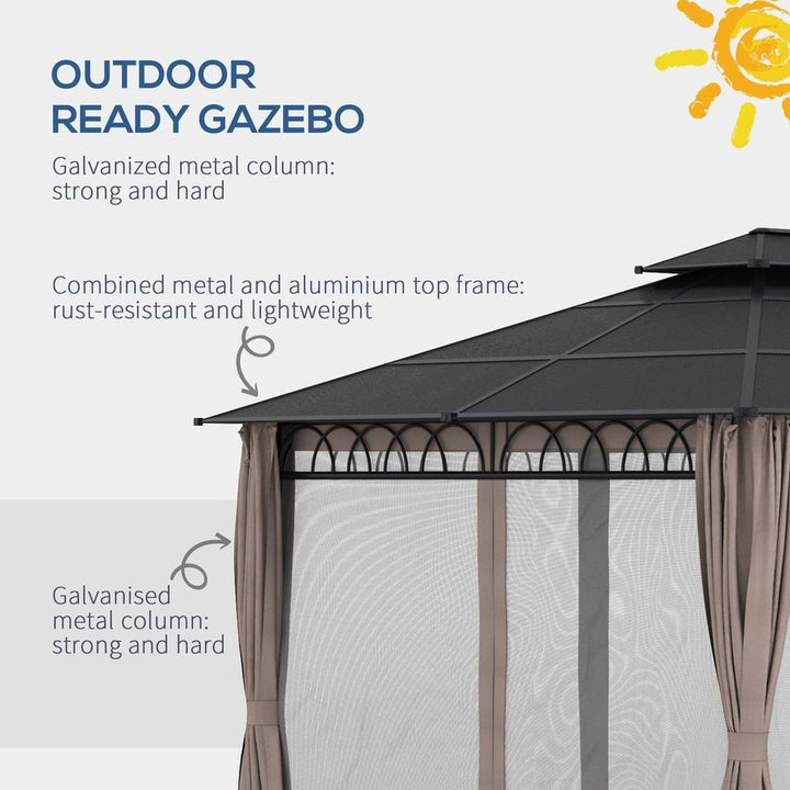 Outsunny . x (m) Double Roof Hard Top Gazebo with Nettings & Curtains