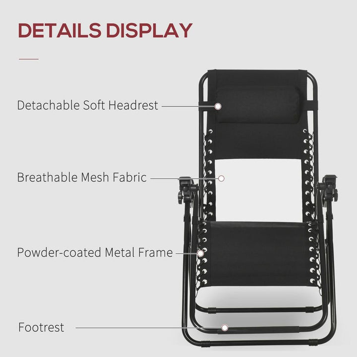 Foldable Garden Recliner Chair Set of w/ Footstool & Headrest, Black