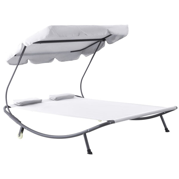 Double Hammock Sun Lounger Bed Canopy Shelter Wheels Pillows Cream White