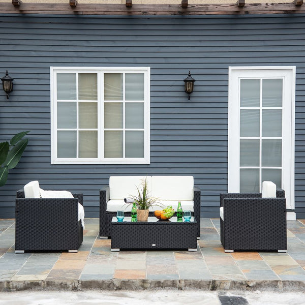  Pieces Rattan Sofa Set, Steel-Black