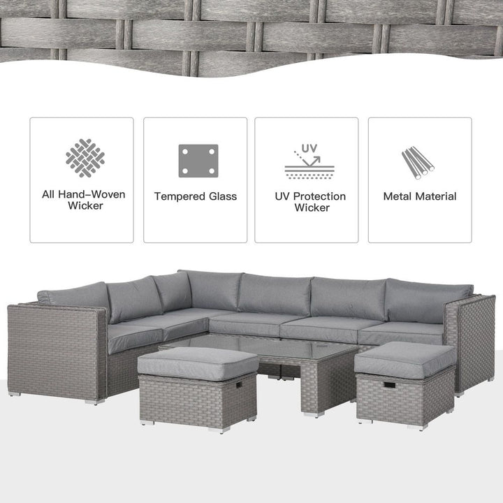  PE Rattan Wicker Corner Sofa Set Coffee Table Footstool w/ Cushion - Grey