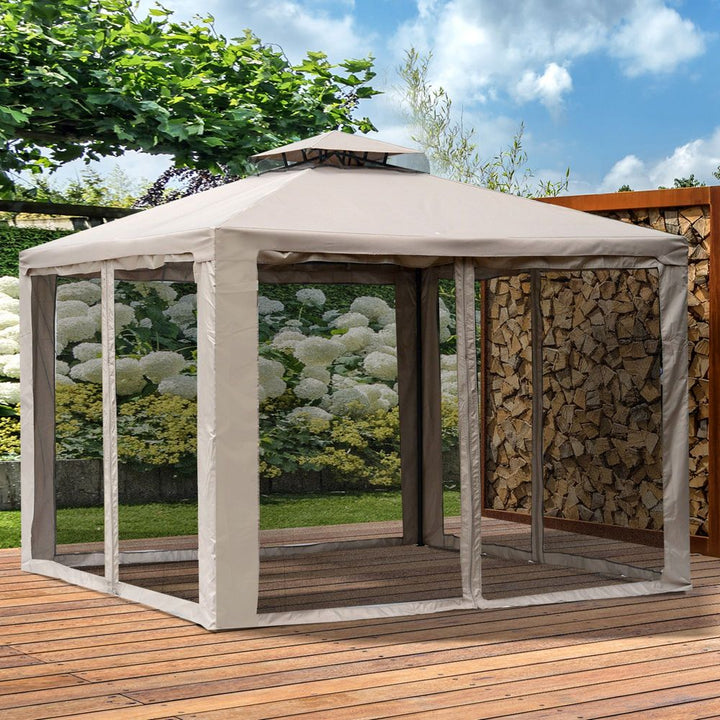 Outsunny Outdoor Gazebo, -tier Roof W/Netting, L x W x H-Taupe