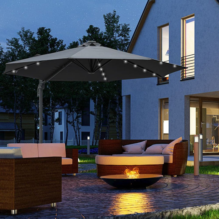 (m) Cantilever Parasol Patio Umbrella w/ Crank Solar Lights Dark Grey