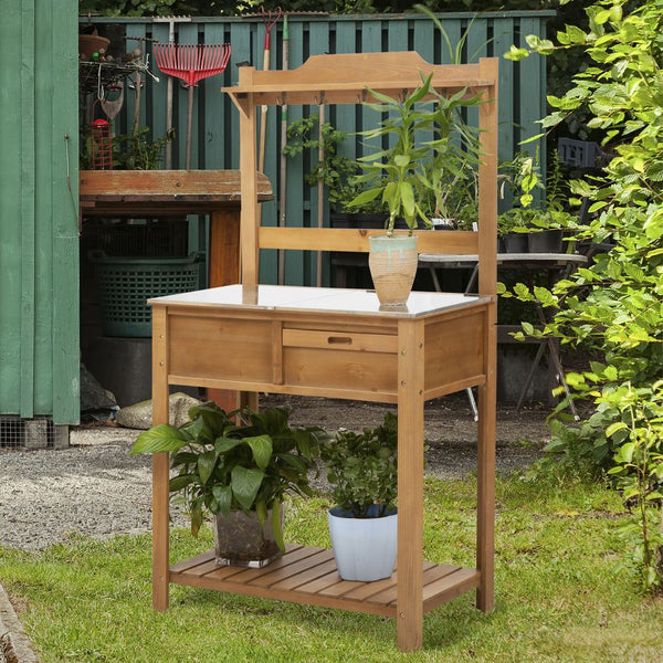 Wooden Garden Potting Table Storage Space Workstation Sink Shelves & Hooks