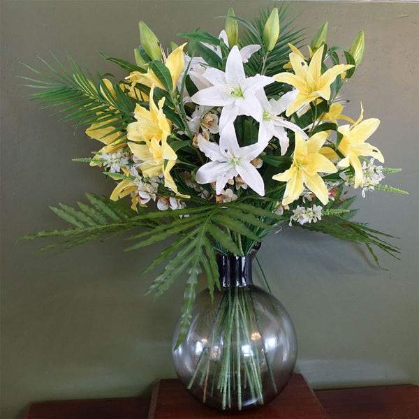  Artificial Lily Palm Flowers Glass Ball Vase
