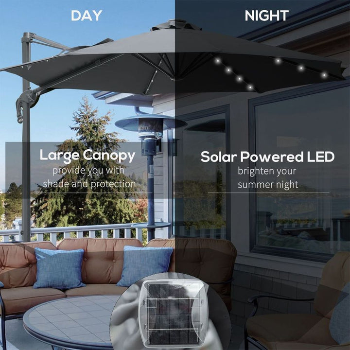 (m) Cantilever Parasol Patio Umbrella w/ Crank Solar Lights Dark Grey