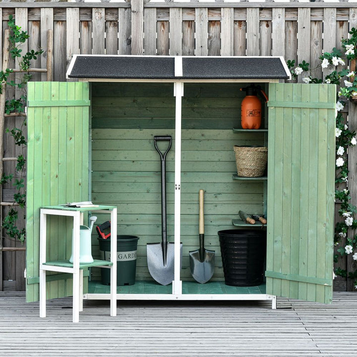 Garden Wood Storage Shed Storage Table, Asphalt Roof Storage Tool Organizer