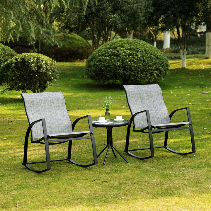 Pc Patio Bistro Set Rocking Chairs and Tempered Glass Table Coffee