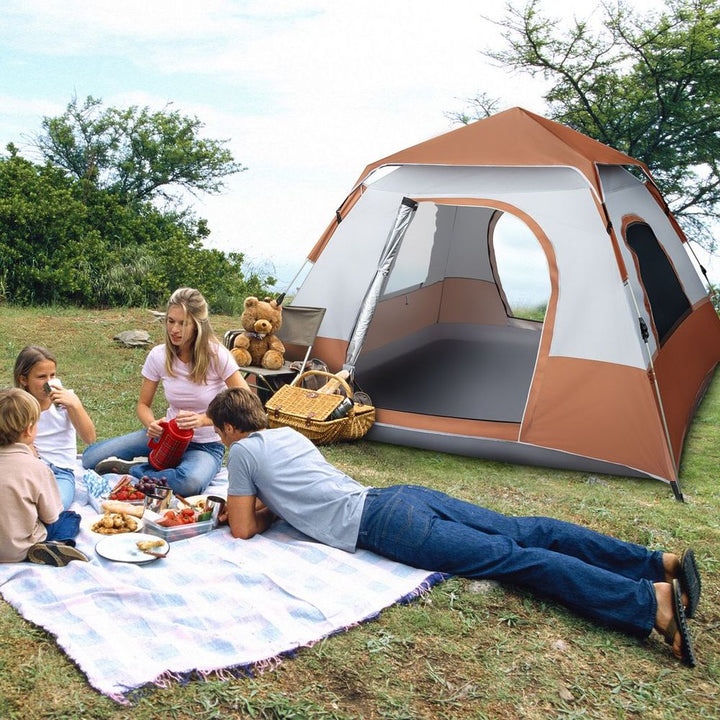 ** Spring Quick Opening Four-Person Family Tent Camping Tent Brown