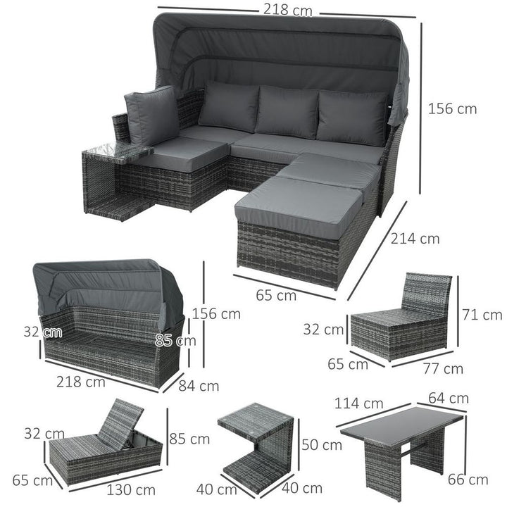 Outdoor Rattan Reclining Adjustable Canopy Sets w/ Dining Table