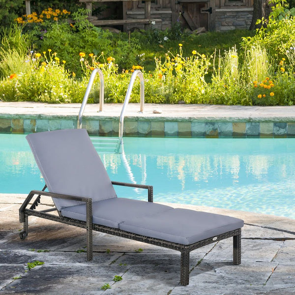 Mixed Grey Rattan Sun Lounger Garden Furniture w/ Adjustable Backrest & Wheels