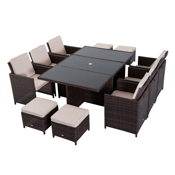 pc Rattan Garden Dining Set Cube Sofa Chairs Footrests & Table