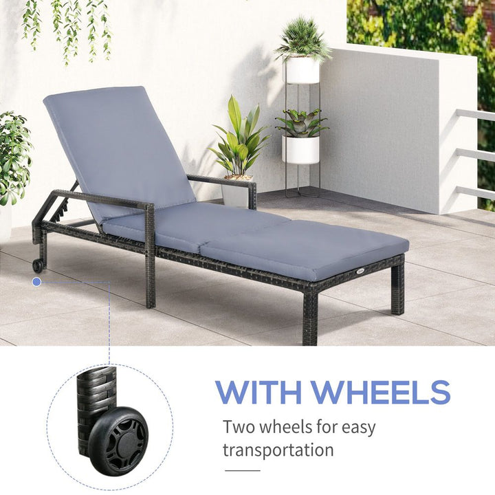 Mixed Grey Rattan Sun Lounger Garden Furniture w/ Adjustable Backrest & Wheels