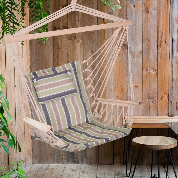 x Hanging Hammock Chair Thick Rope Frame Pillow Wooden Arms