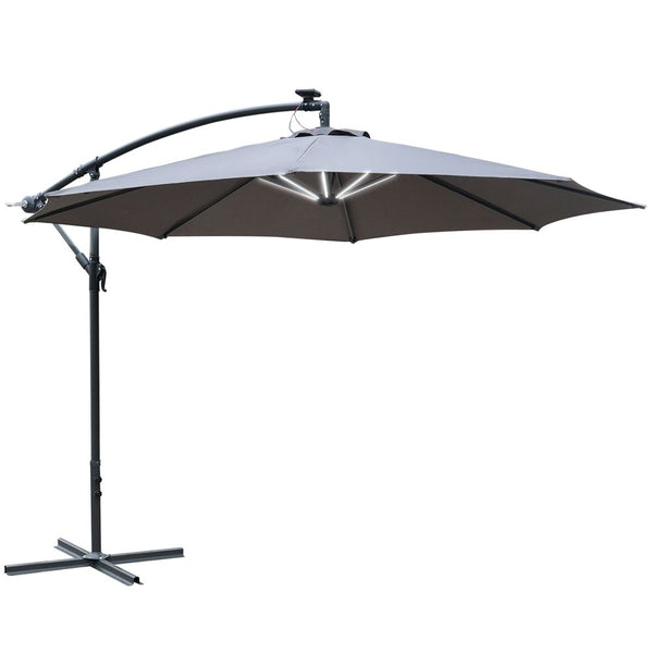 (m) LED Patio Banana Umbrella Cantilever Parasol w/ Solar Lights & Base, Grey
