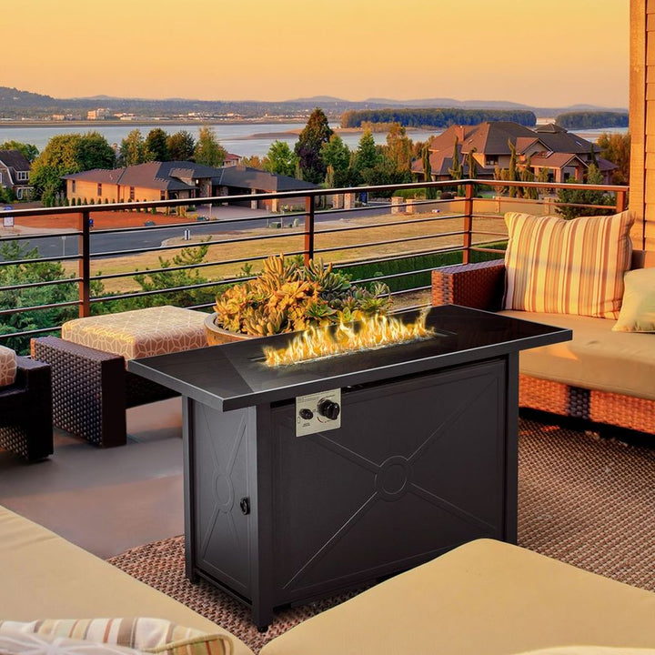 Outdoor Propane Gas Fire Pit Table w/ Rain Cover, BTU, Black