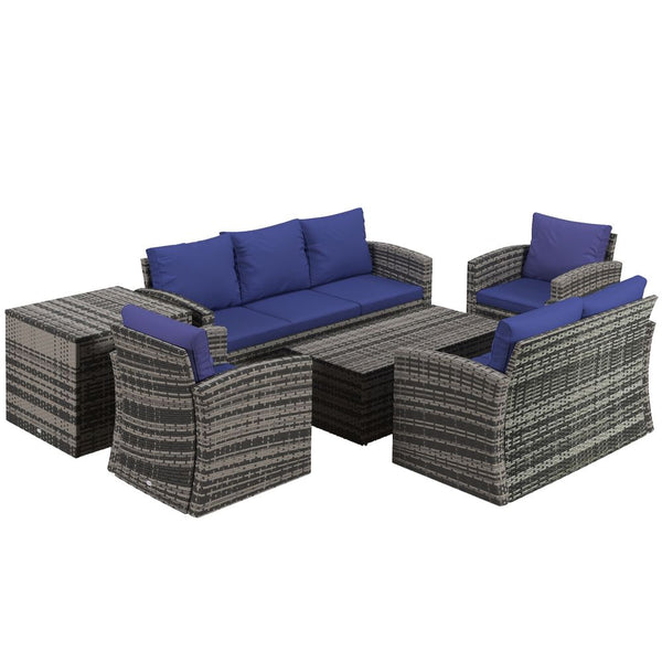 Outsunny Patio Rattan Sofa Set Conversation Furniture with Storage Blue