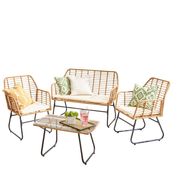 Neo Piece Wicker Bamboo Style Garden Sofa, Table & Chairs Set