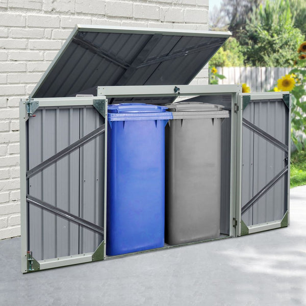 Steel Garden Storage Shed Double Door & Lid Dustbin Rubbish Cover Trash Can