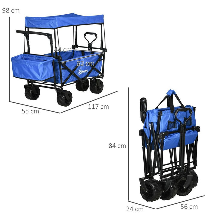 Trolley Cart Storage Wagon Wheels w/ Compartments Handle, Canopy, Blue